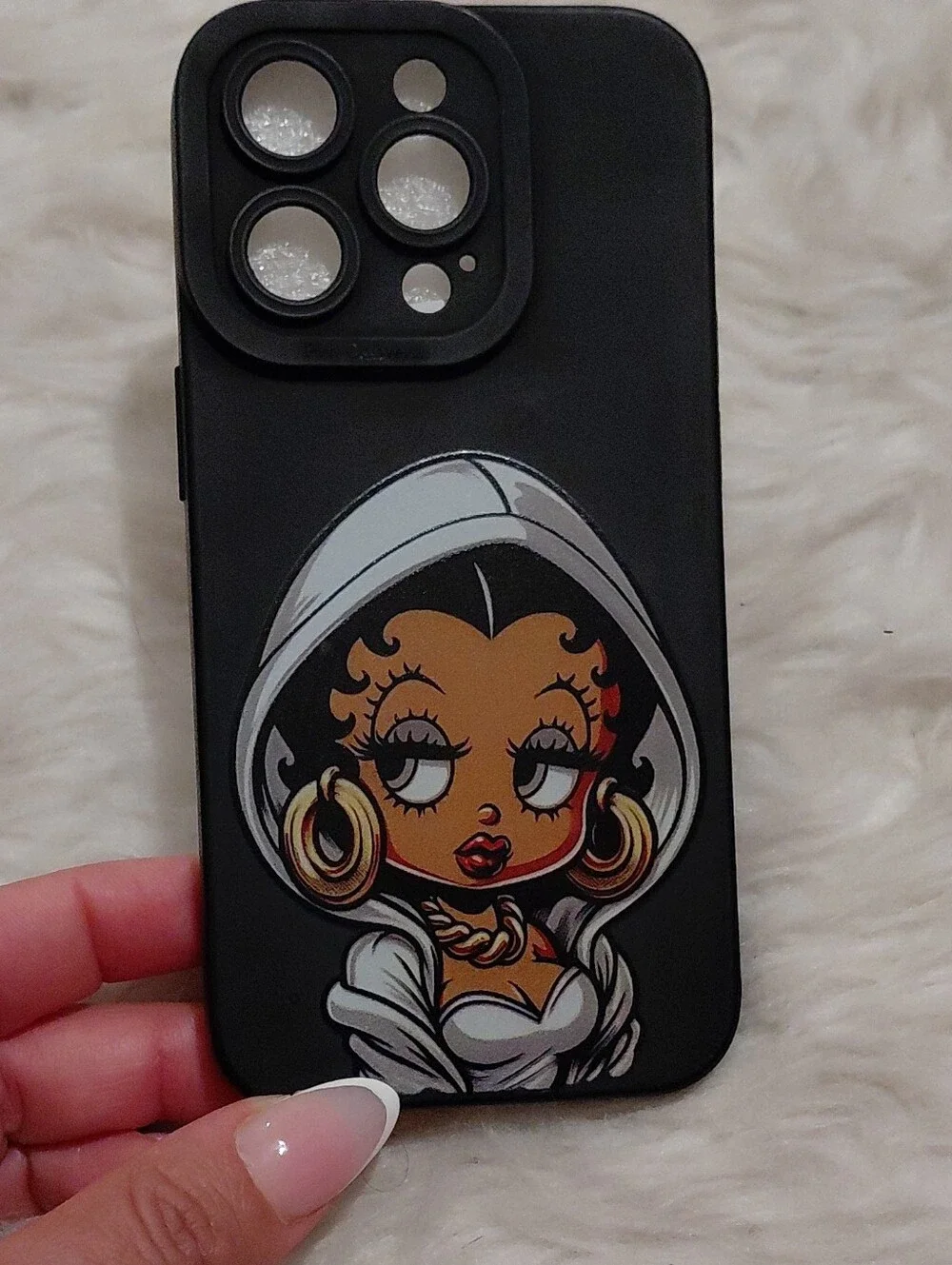 Ipnone 14 Pro  Case Black Phone Case with Betty Boop Hooded Character Graphic